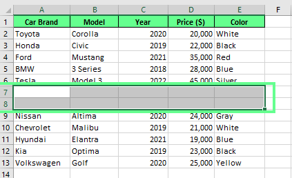 Nouvelles lignes ajoutées en utilisant la méthode copier-coller dans Excel. 5