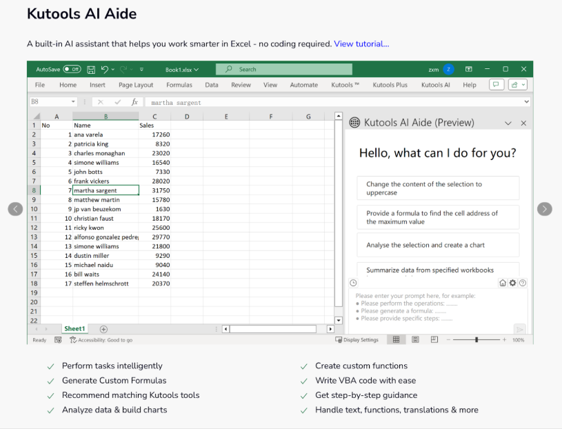 Kutools AI Aide interface showing intelligent automation capabilities within Excel 3