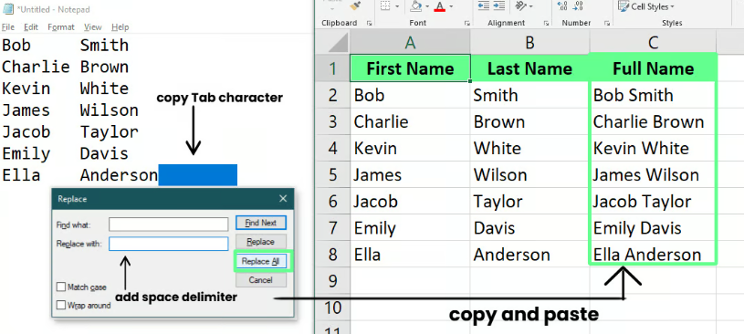 Merge cells using Notepad and excel. 7