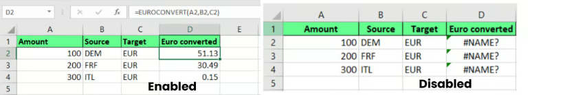 Disabled add-ins causes #NAME? error in Excel. 6