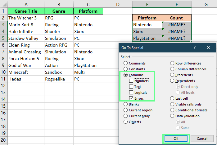 Highlight errors with Go To Special tool in Excel. 8