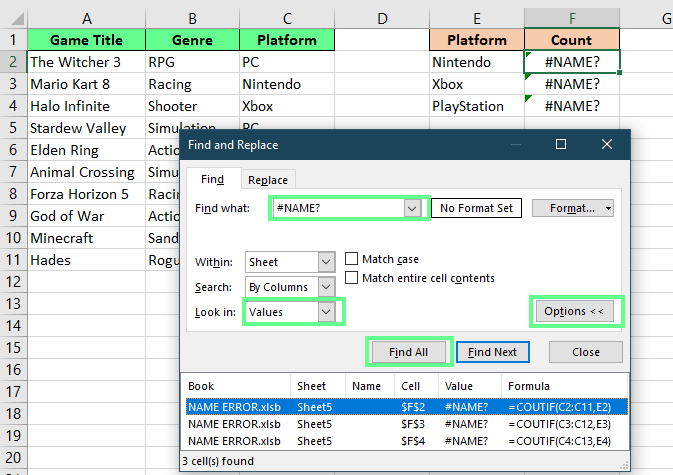 Find the #NAME? Error with Find and Replace tool in Excel. 9