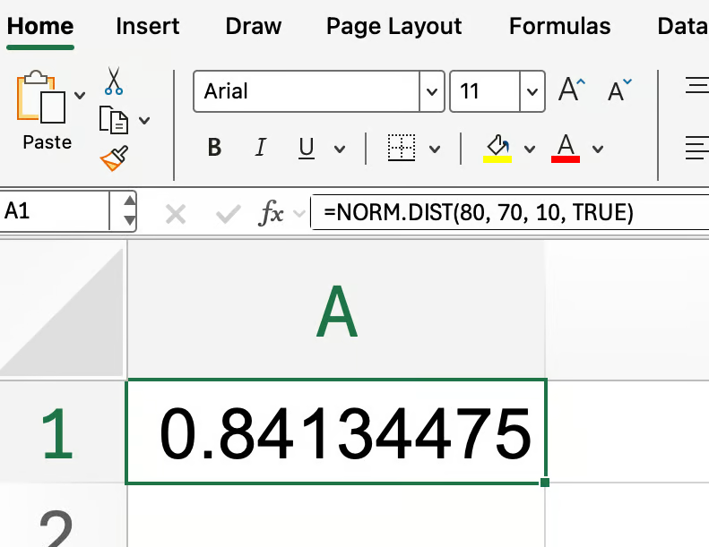 Excel NORM.DIST() function simple example 1