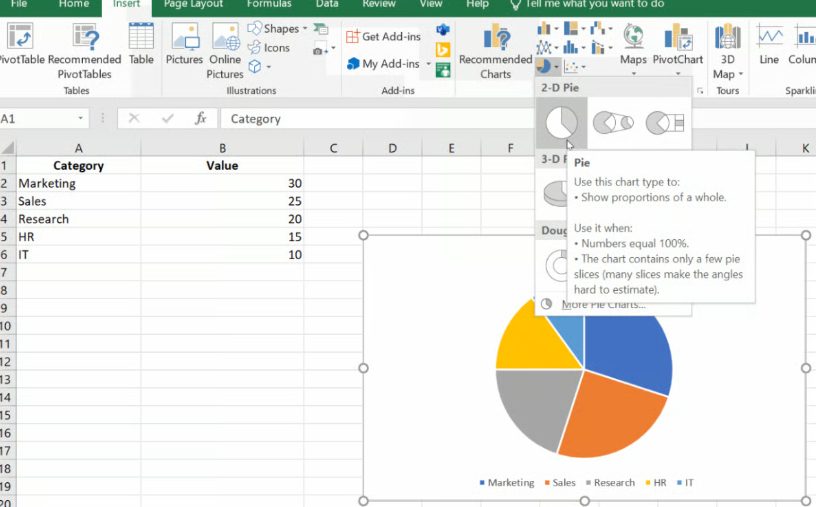 Creaeting an Excel pie chart 2