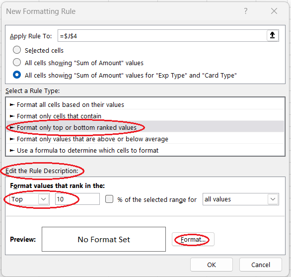 How to select a rule type, build a rule, and open the format constructor in the Conditional Formatting Rules Manager. Image by Author. 5