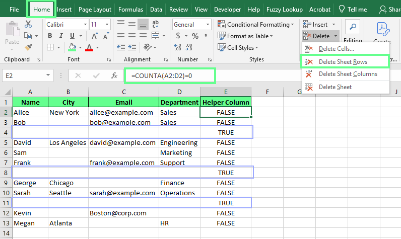 Löschen völlig leerer Zeilen mit der COUNTA()-Funktion in Excel. 2