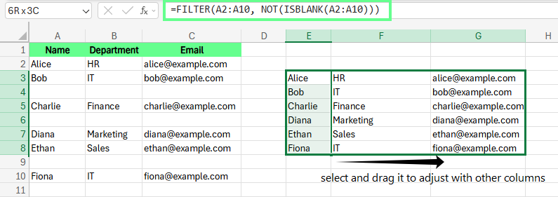 Löschen der leeren Zeilen mit der FILTER()-Formel in Excel. 3