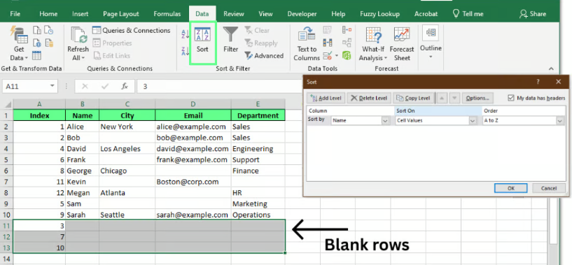 Verwendung von Sortieren, um leere Zeilen für einfaches Löschen nach unten zu verschieben. 4