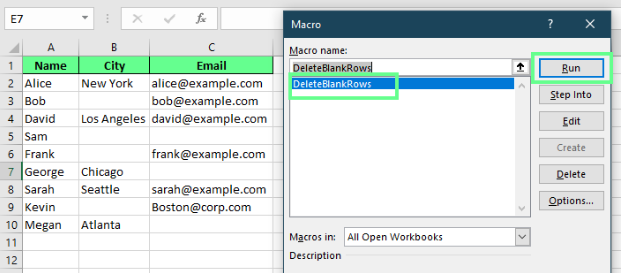 Ausführen des Makros zum Entfernen der leeren Zeilen in Excel. 6
