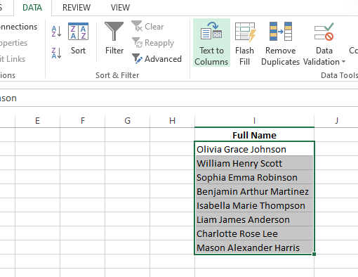 Selecting the Excel Text to Columns option 1