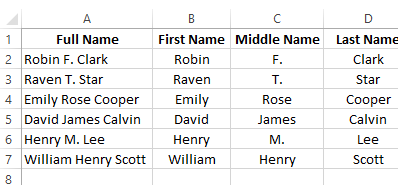 Split names into first, middle, and last names when names in Excel 11