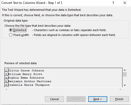 Choose the Delimited option in the wizard window in Excel 2
