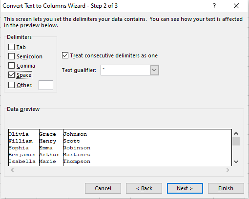Select Space as a delimiter in the wizard window in Excel 3