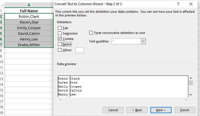 Choosing Comma as a delimiter in Excel Text to Columns 7