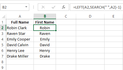 Extract the first name from full name using an Excel formula 9