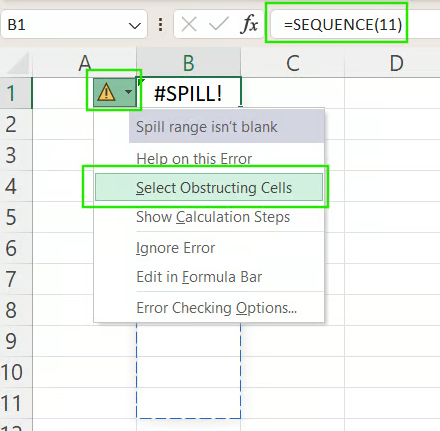 Checking #SPILL! error warning in Excel 5