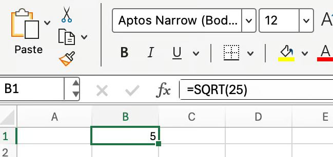 Square Root in Excel 1