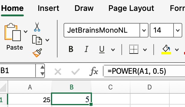 Square Root in Excel using POWER() 2