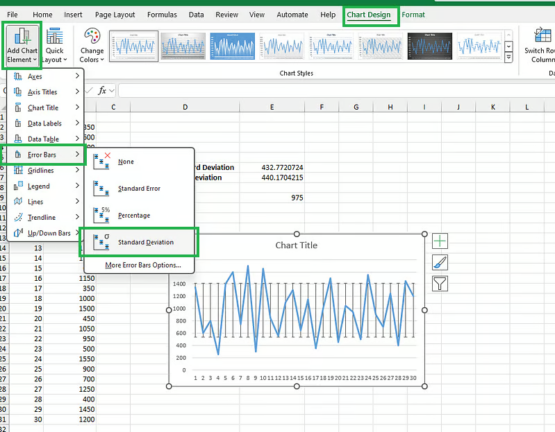 Adding standard deviation bars to the line chart in Excel 10