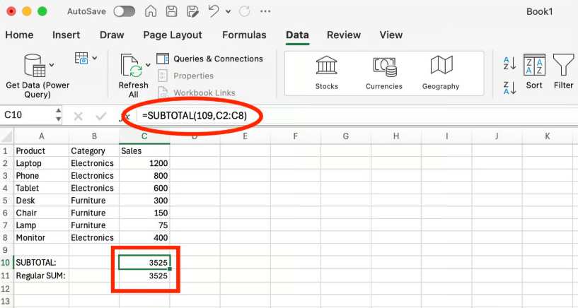 SUBTOTAL function in Excel 1