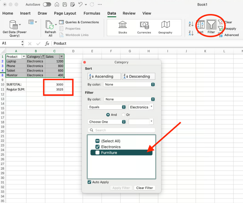filtering a dataset with SUBTOTAL 2