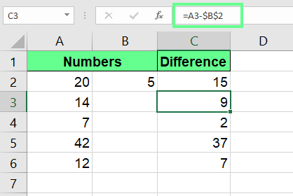 Subtracting columns with absolute reference in Excel 5