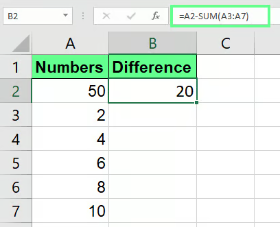 Subtracting numbers using the SUM() function in Excel. 7