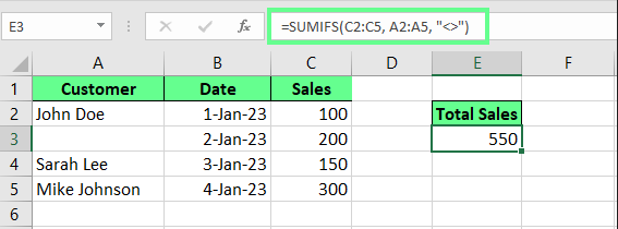 Summieren aller nicht-leeren Zellen mit der SUMIFS()-Funktion in Excel. 3