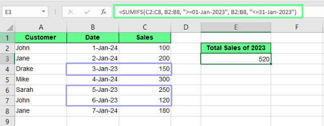 Summieren des Datumsbereichs mit SUMIFS() in Excel. 6