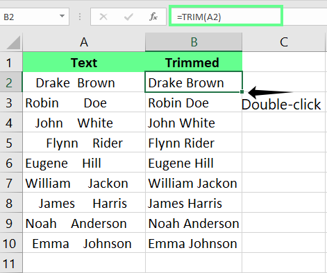 Excel에서 TRIM 함수로 모든 여분의 공백 제거하기. 2