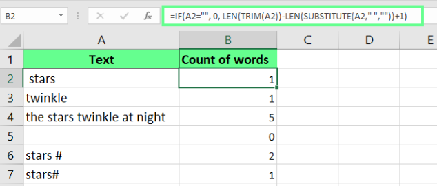 Excel에서 빈 셀의 단어 수를 0으로 세기. 7
