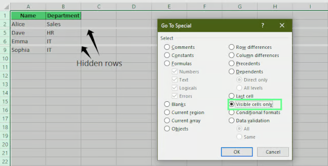 Excel에서 특정 이동 도구를 사용하여 숨겨진 행 찾기. 10