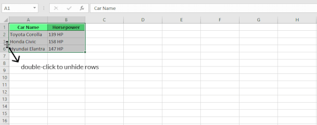 Excel에서 행을 표시하려면 더블 클릭하세요. 4