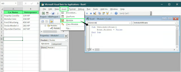 VBA를 사용하여 Excel에서 모든 행 표시하기. 5