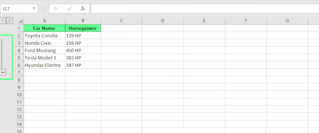 Excel에서 행을 표시하기 위해 그룹 해제하기. 6