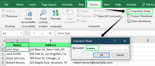 unprotecting the sheet with a known password in Excel. 1