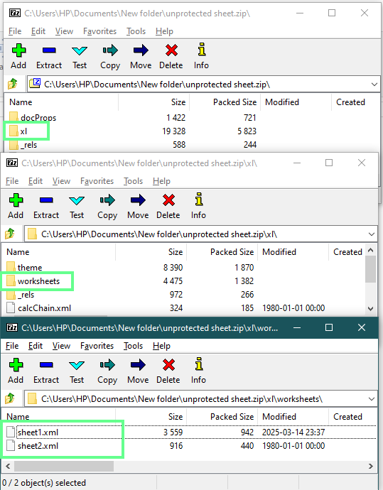 Locating to the XML file inside the zip folder in Excel. 4