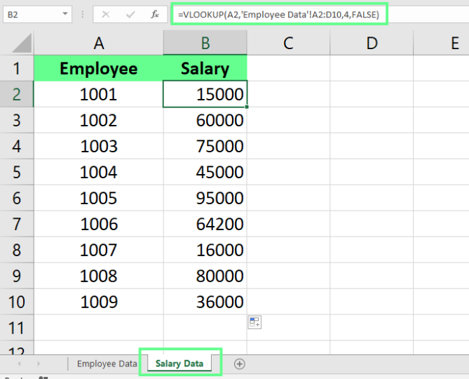 data extracted from Employee Data sheeet and copied to Salary Data sheet in Excel 3