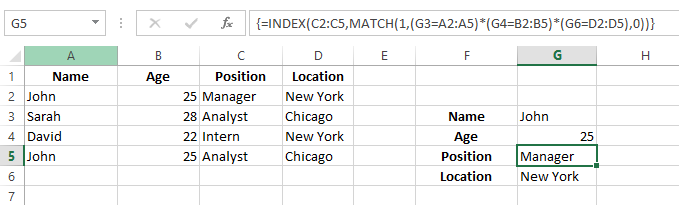Using INDEX and MATCH functions with multiple criteria to find the position of John 11