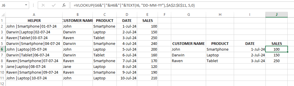 Retrieving the sales using Vlookup with multiple criteria. 6