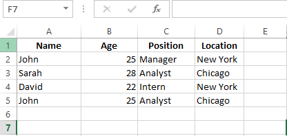 A table containing a list of employee name, their age, position and location. 9